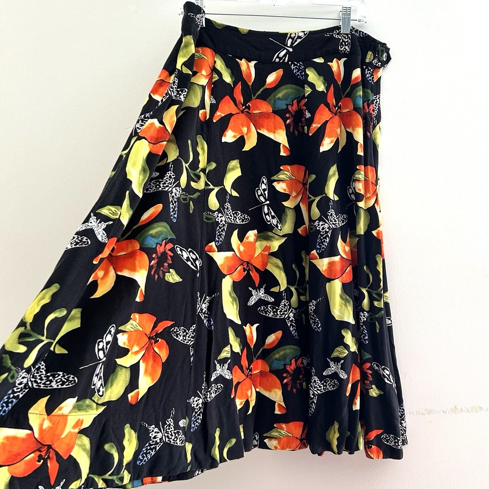 Soft Surroundings Butterfly Skirt SzL Midi Swing Tropical Floral Dragonfly Boho